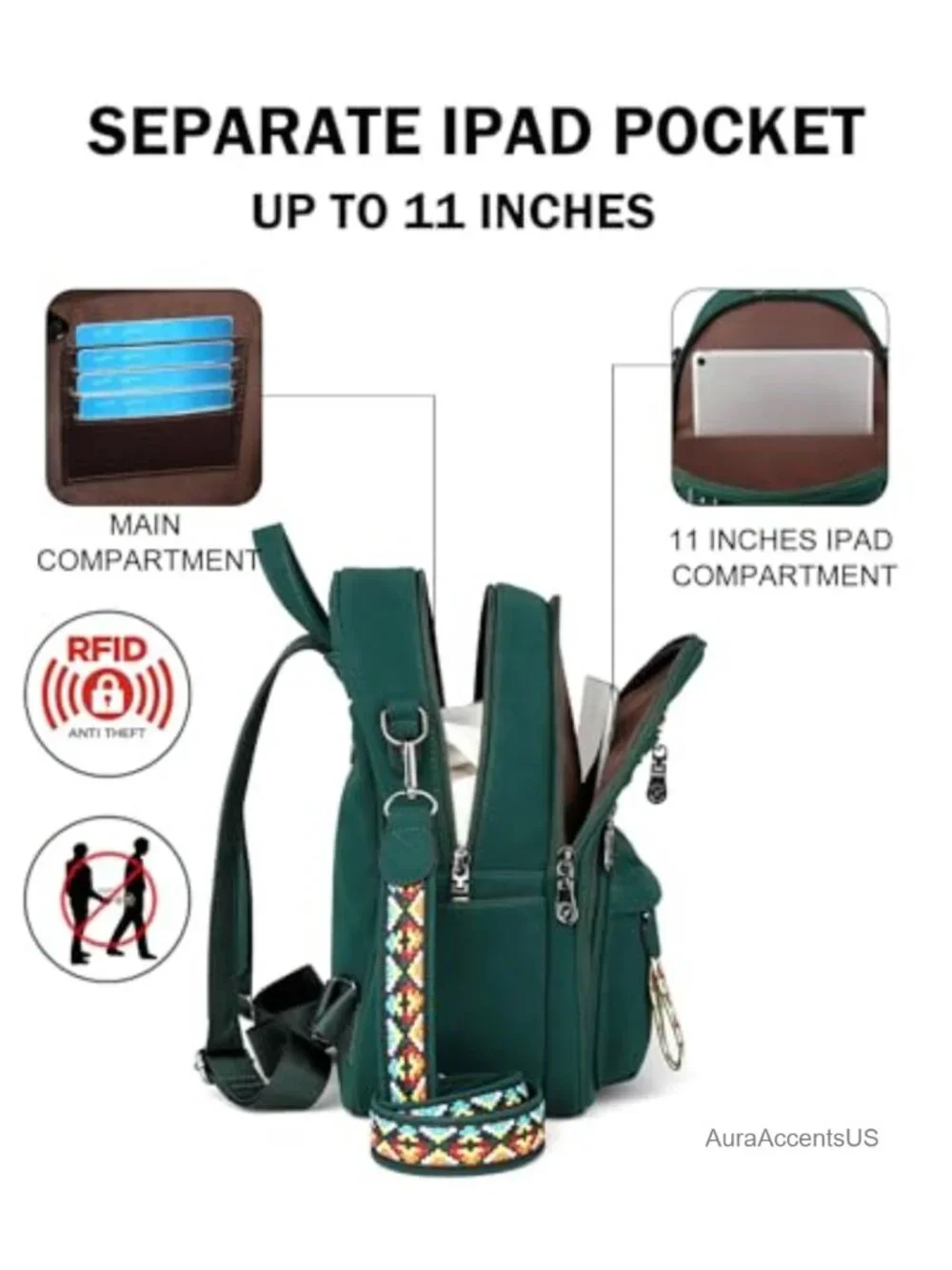 Small Backpack Purse with iPad Pocket, Waterproof Vegan Leather, Adjustable